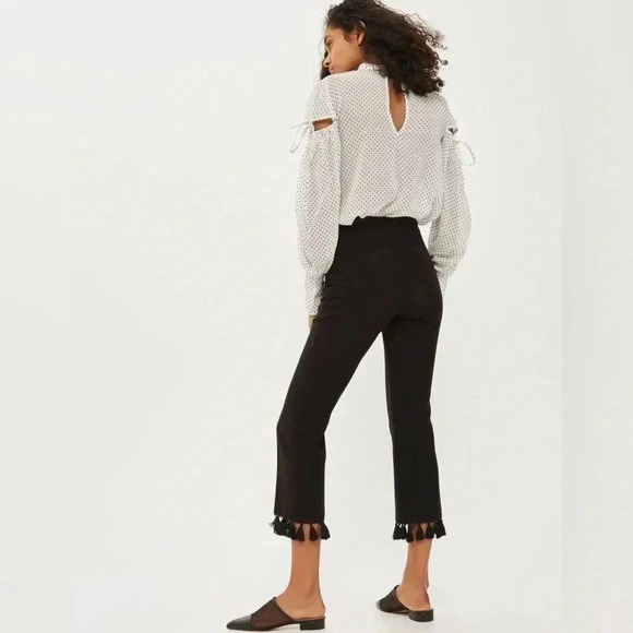 Topshop Tassel Hem Kick Flare Trousers Black Cropped Pants Size 4 NWOT - Picture 3 of 16